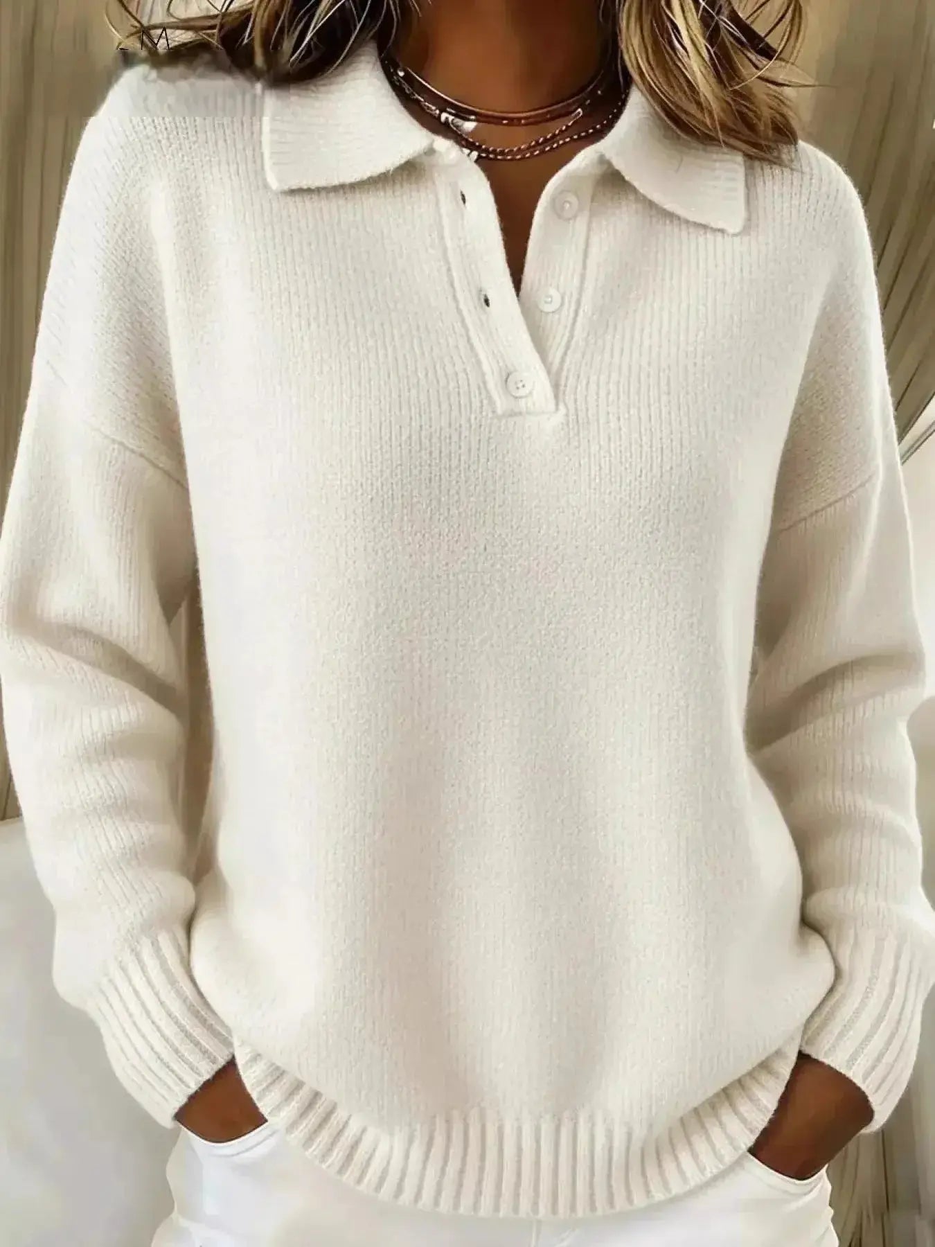 Full Size Half Button Collar Drop Shoulder Sweater Plus Size - DaisyDrop 
