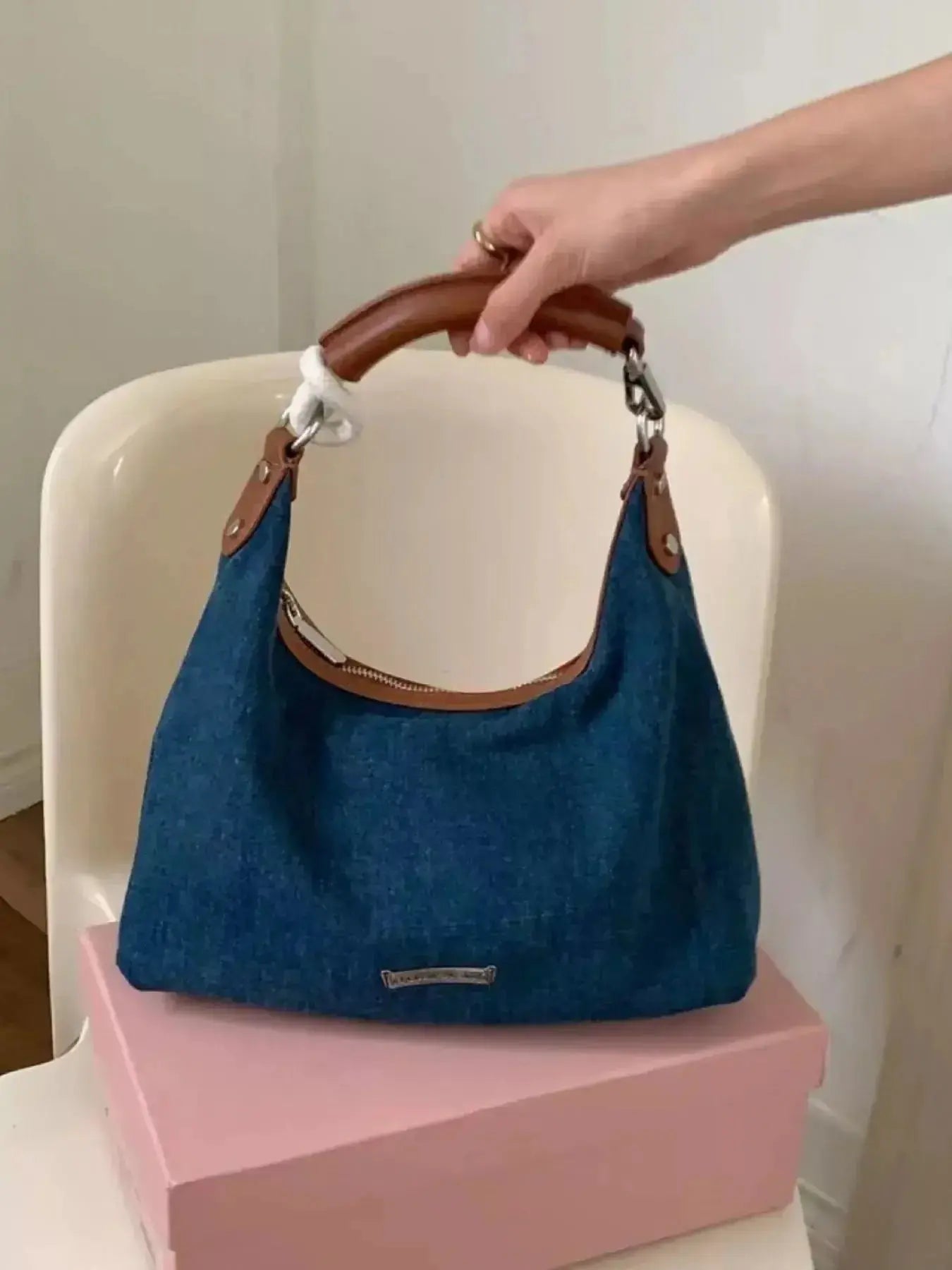 Denim Shoulder Bag with Leather Handle - DaisyDrop 