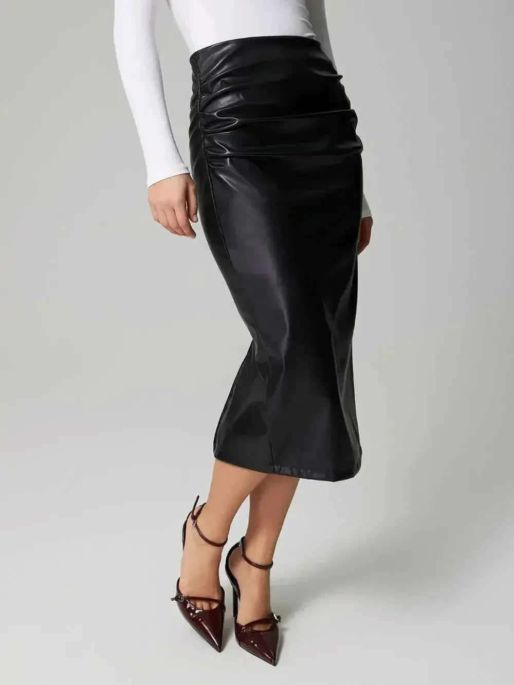 Slit Back Ruched Midi Skirt - DaisyDrop 