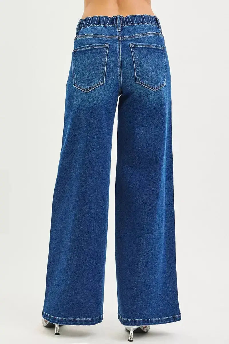 RISEN Full Size Mid Rise Wide Side Pintuck Jeans with Front Drawstring Plus Size - DaisyDrop 