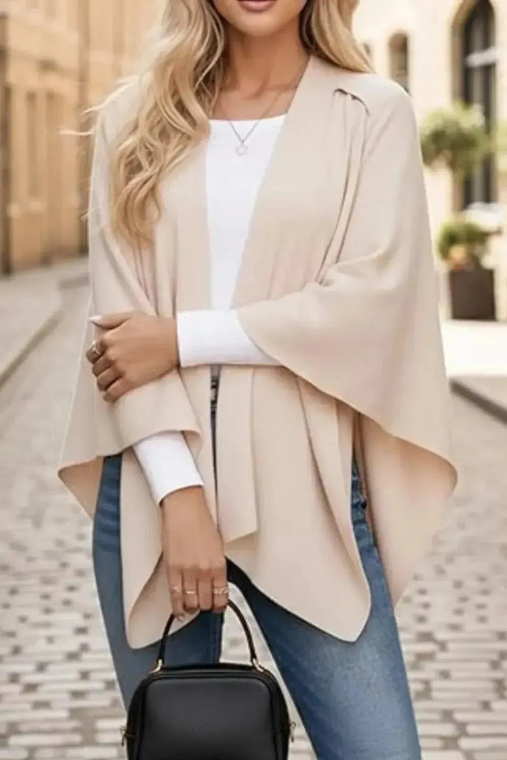 Draped Knitted Split Cape Shawl with Strap - DaisyDrop 