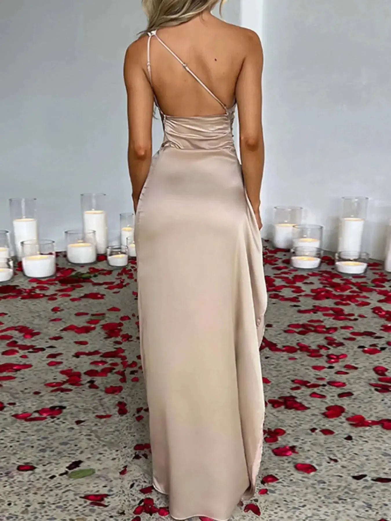 One Shoulder Satin Dress with High Slit - DaisyDrop 