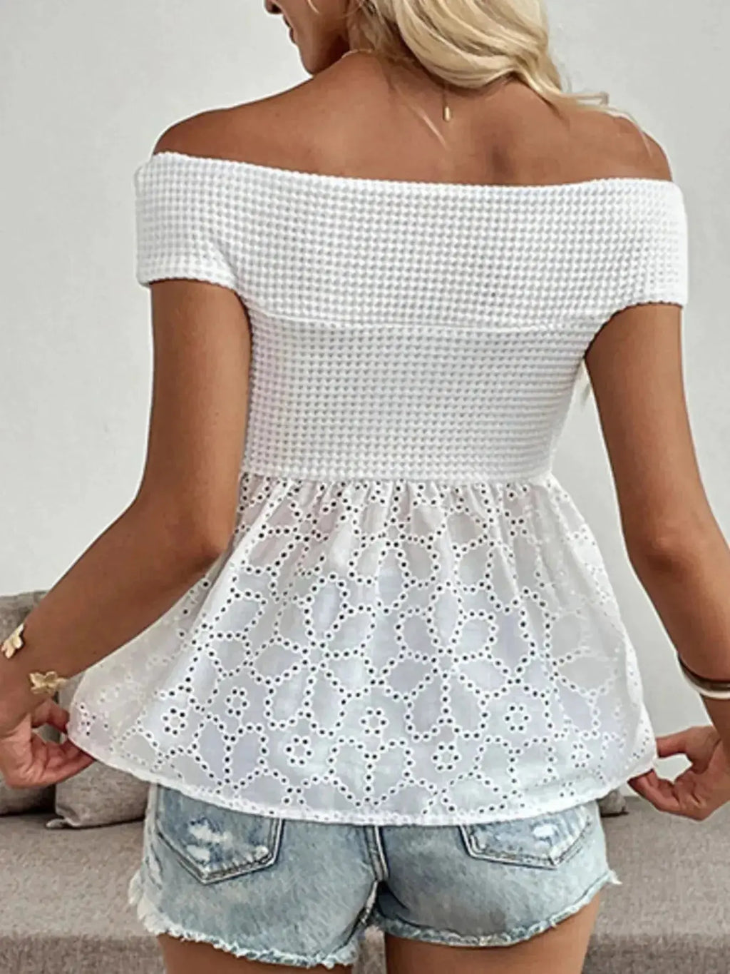 Eyelet Cutout Off-Shoulder Blouse - DaisyDrop 