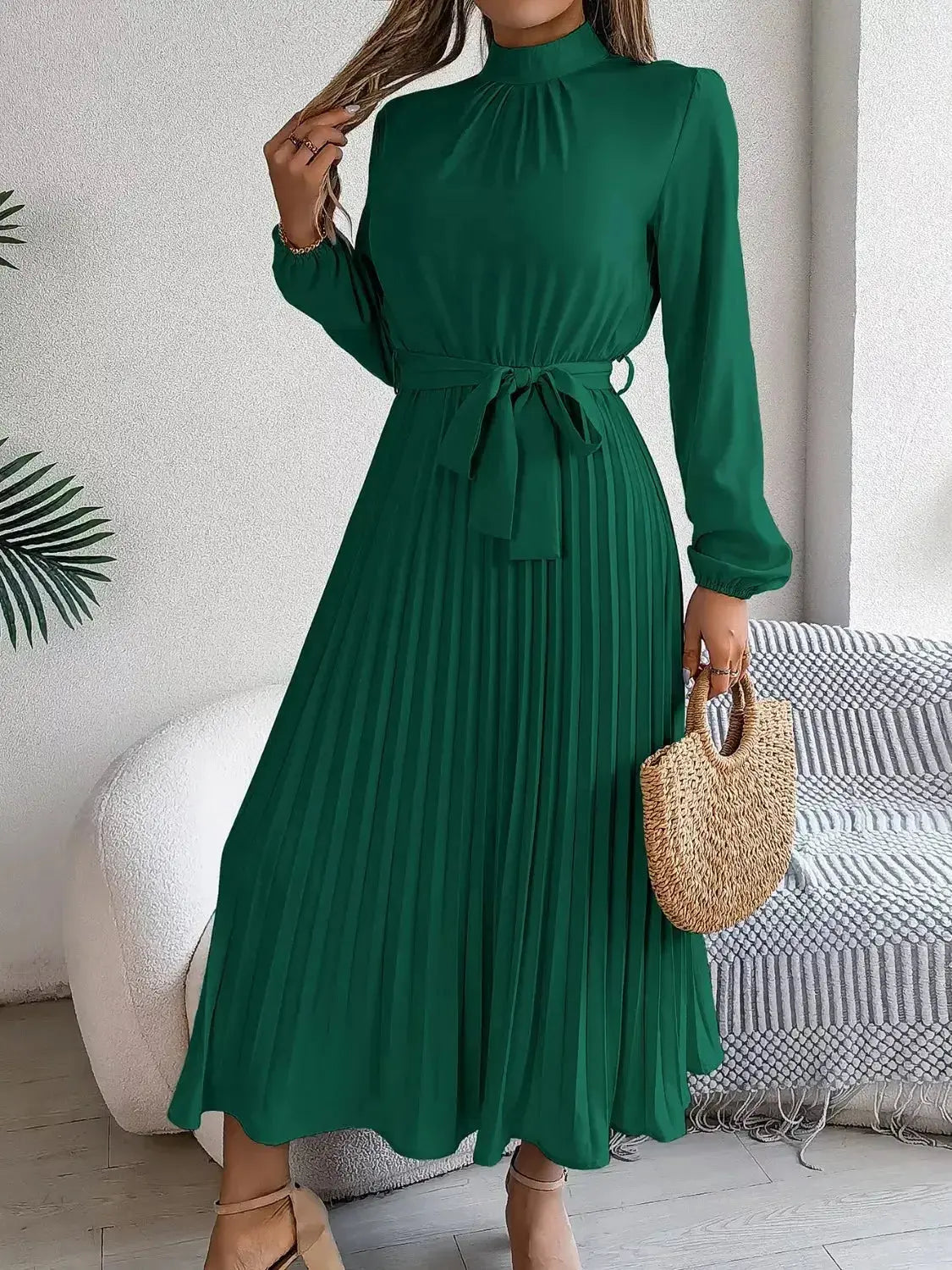 Mock Neck Pleated Midi Dress - DaisyDrop 