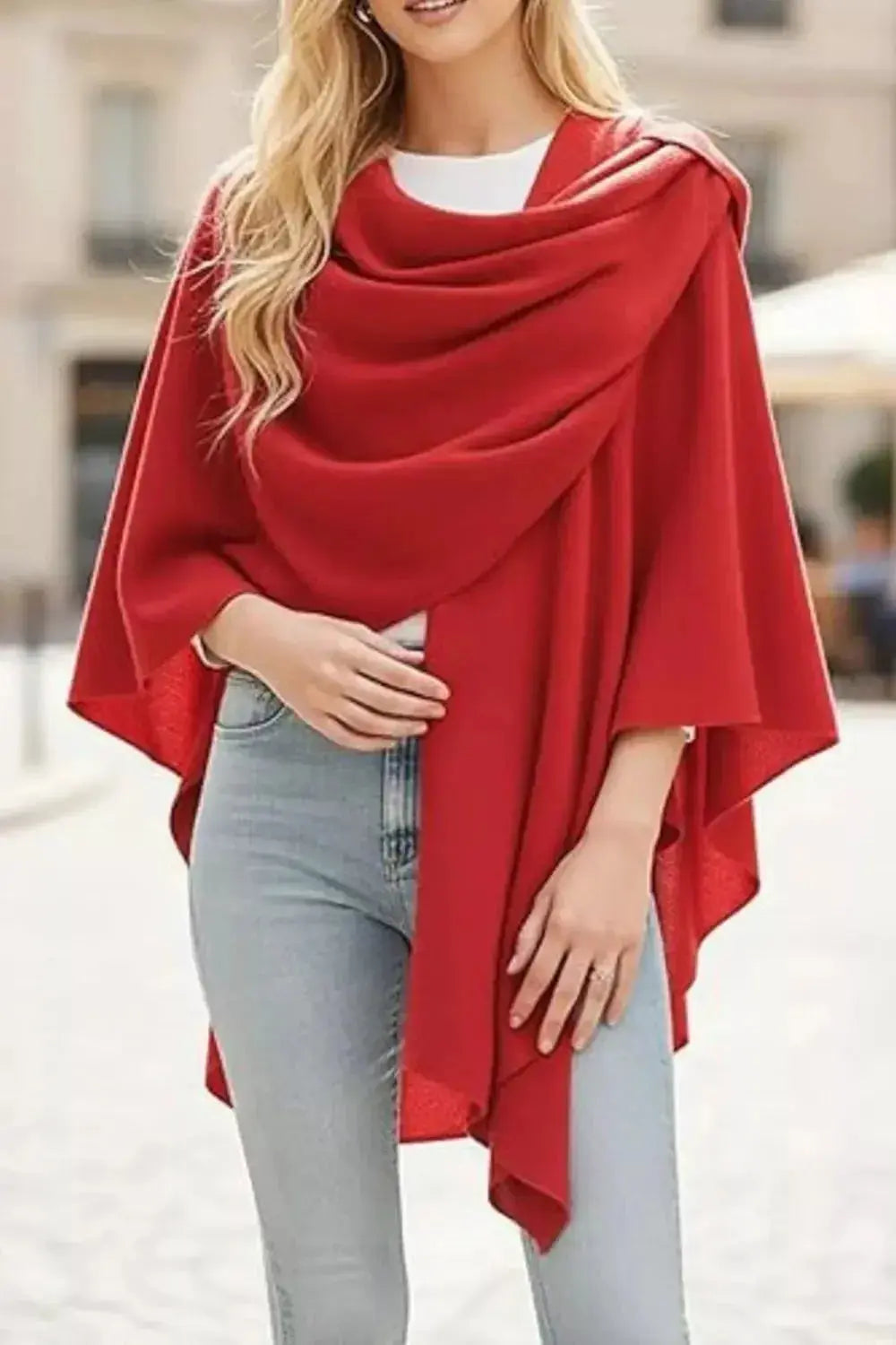 Draped Knitted Split Cape Shawl with Strap - DaisyDrop 