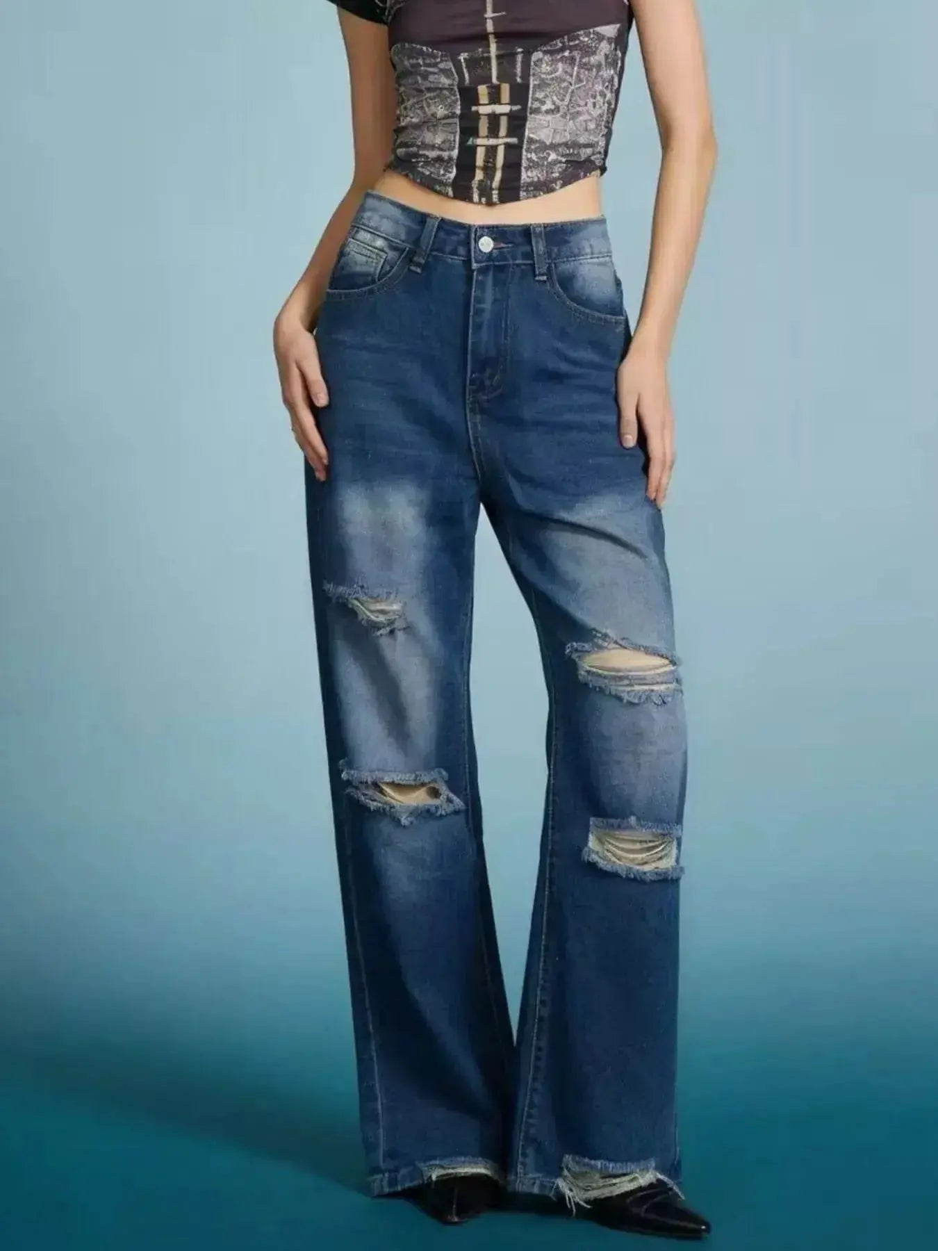 Distressed Wide Leg Jeans - DaisyDrop 