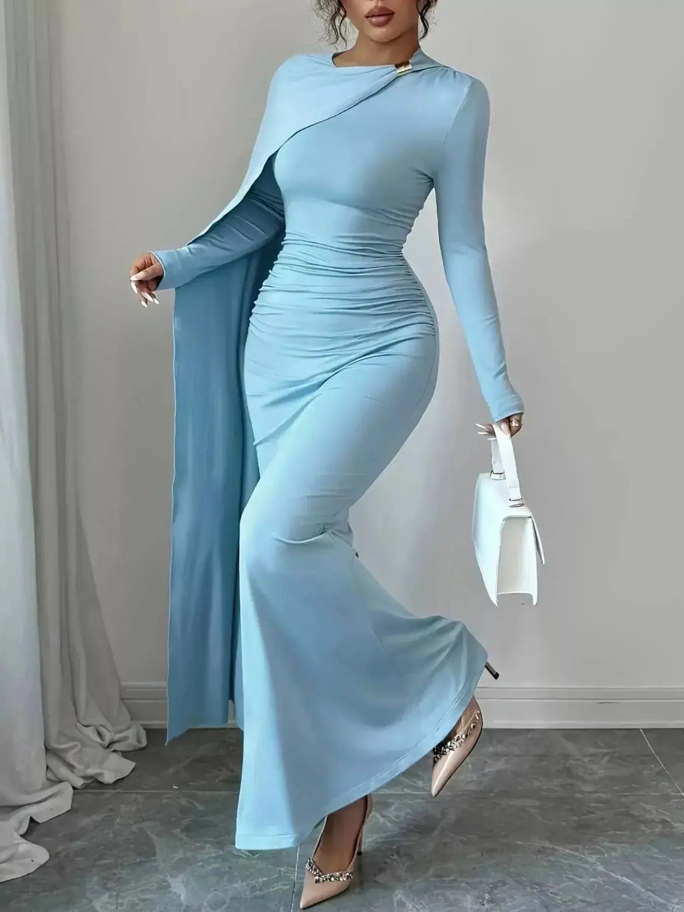 Ruched Long Sleeve Maxi Dress - DaisyDrop 