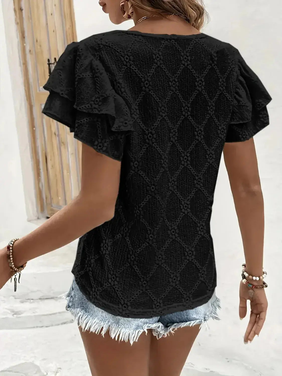 Eyelet V-Neck Short Sleeve Blouse - DaisyDrop 