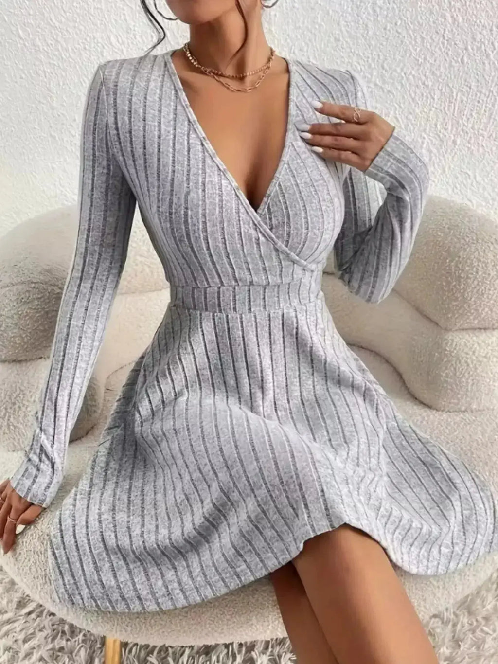 Ribbed Knit Wrap Mini Dress - DaisyDrop 