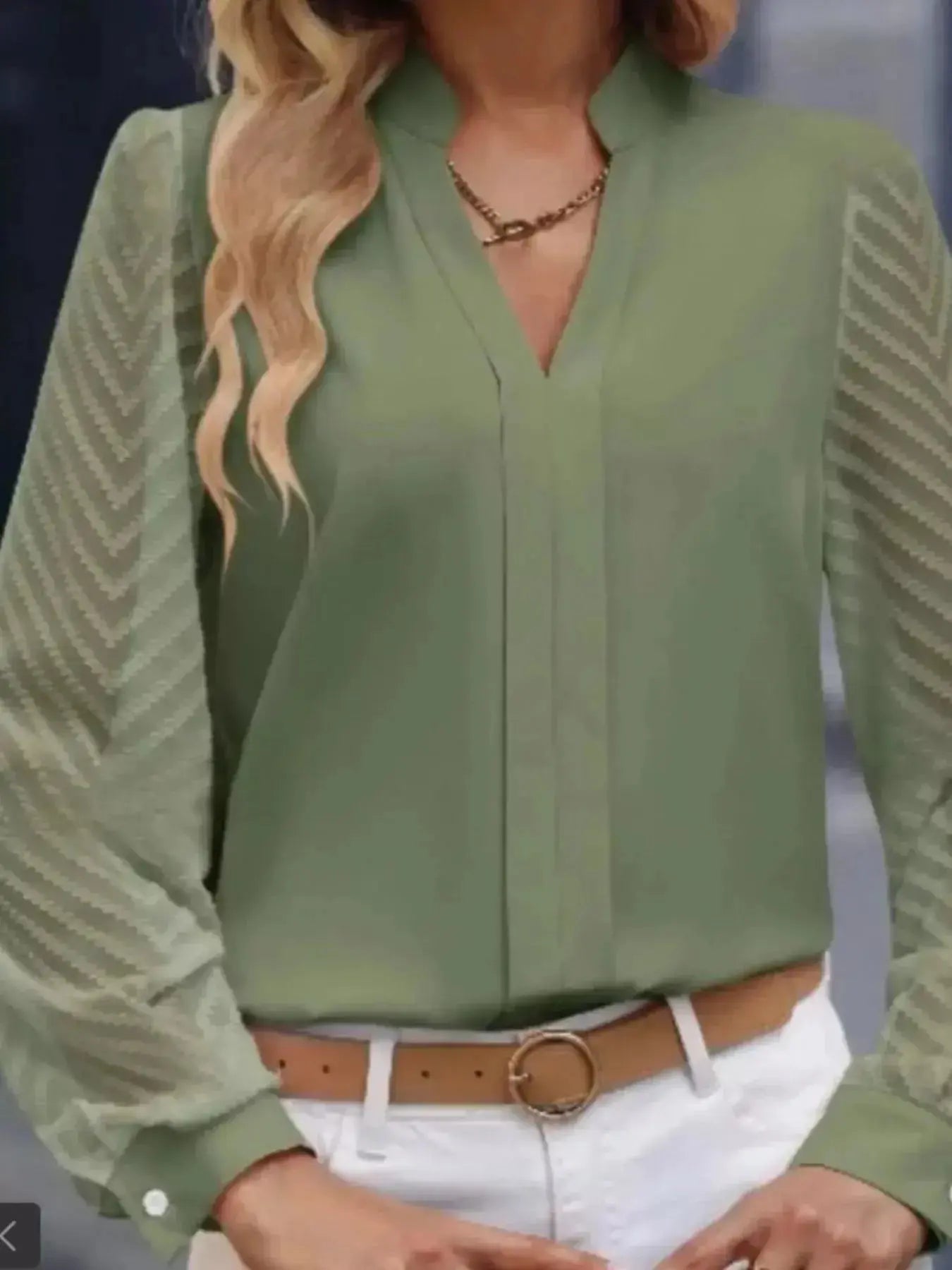 Notched Long Sleeve Blouse - DaisyDrop 