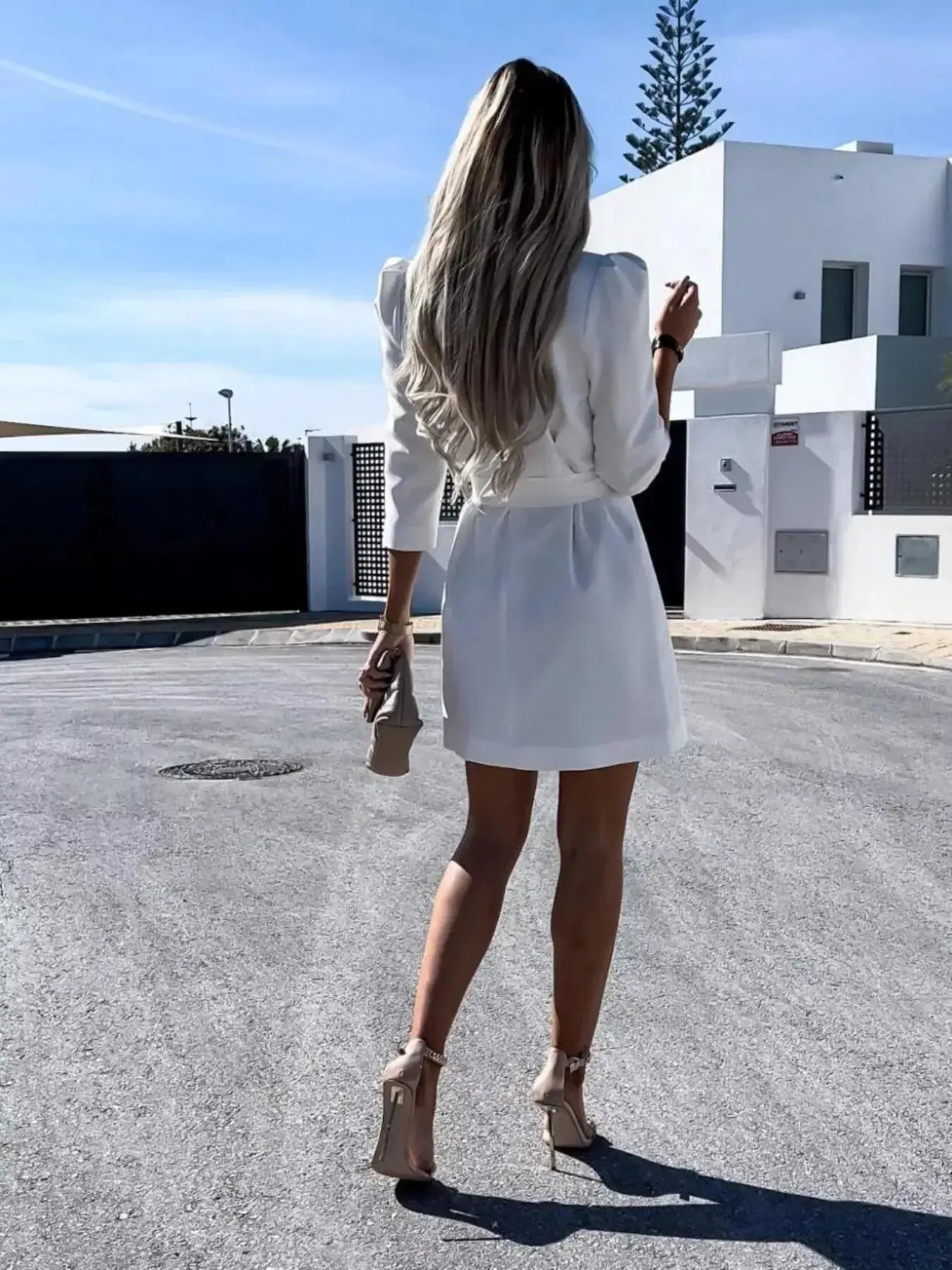 3/4 Sleeve Belted Blazer Dress - DaisyDrop 