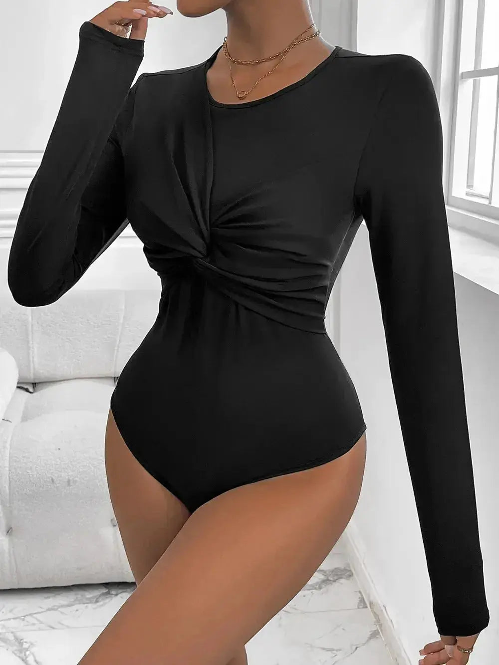 Perfee Twisted Round Neck Long Sleeve Bodysuit - DaisyDrop 