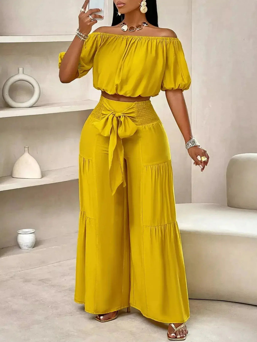 Elegant Off-Shoulder Crop Top and Ruched Wide Leg Pants Set - DaisyDrop 