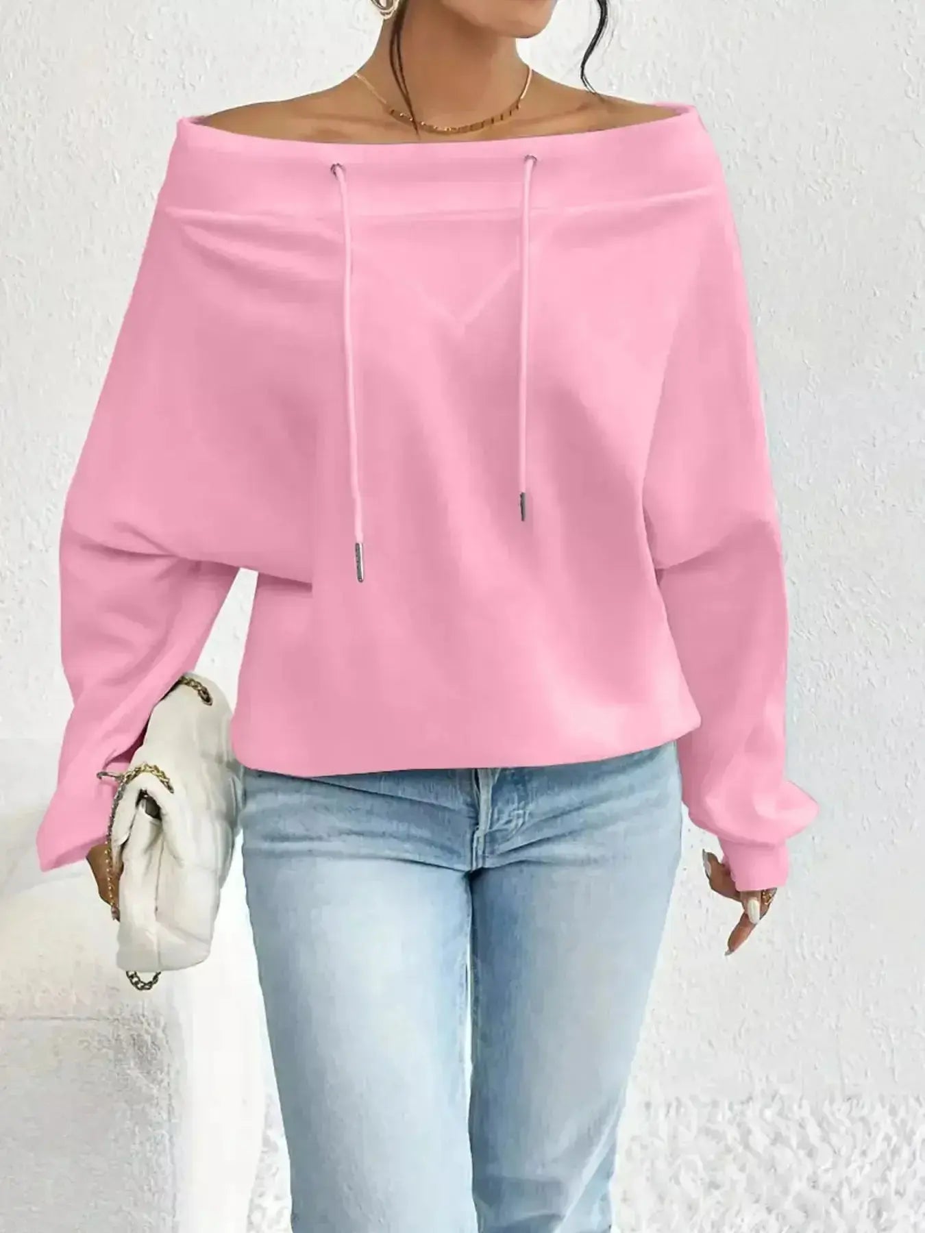Full Size Off-Shoulder Drawstring Long Sleeve Top Plus Size - DaisyDrop 