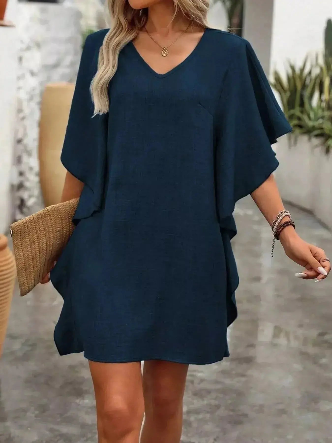 Ruffled Flutter Sleeve V-Neck Mini Dress - DaisyDrop 