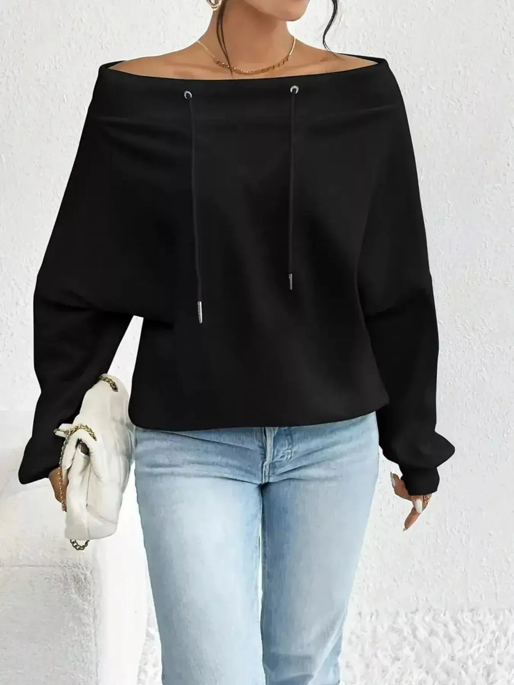 Full Size Off-Shoulder Drawstring Long Sleeve Top Plus Size - DaisyDrop 