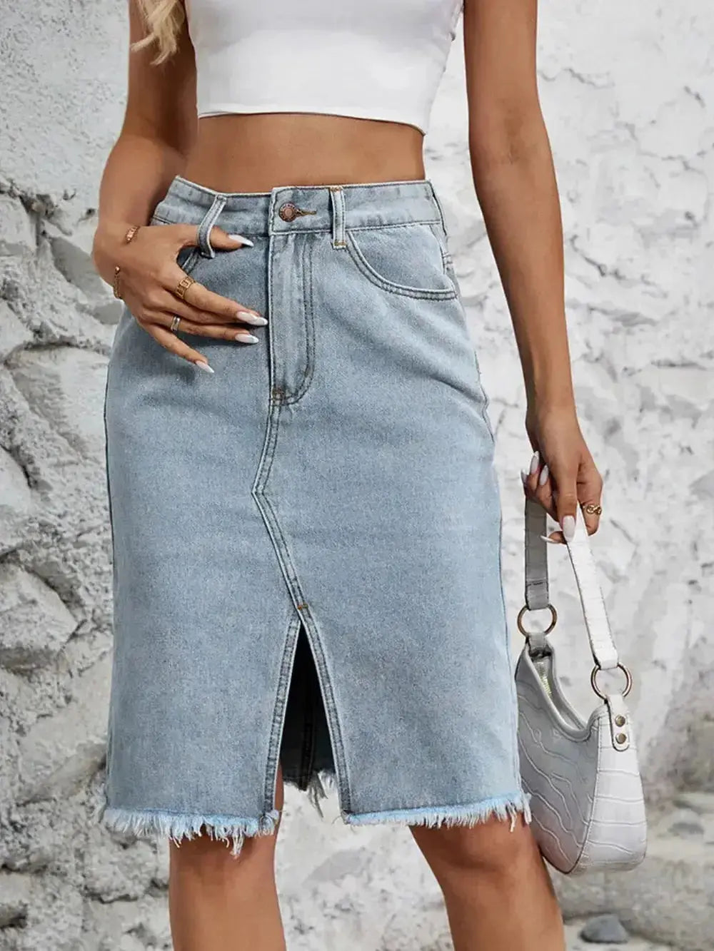 Raw Hem Slit Denim Skirt - DaisyDrop 