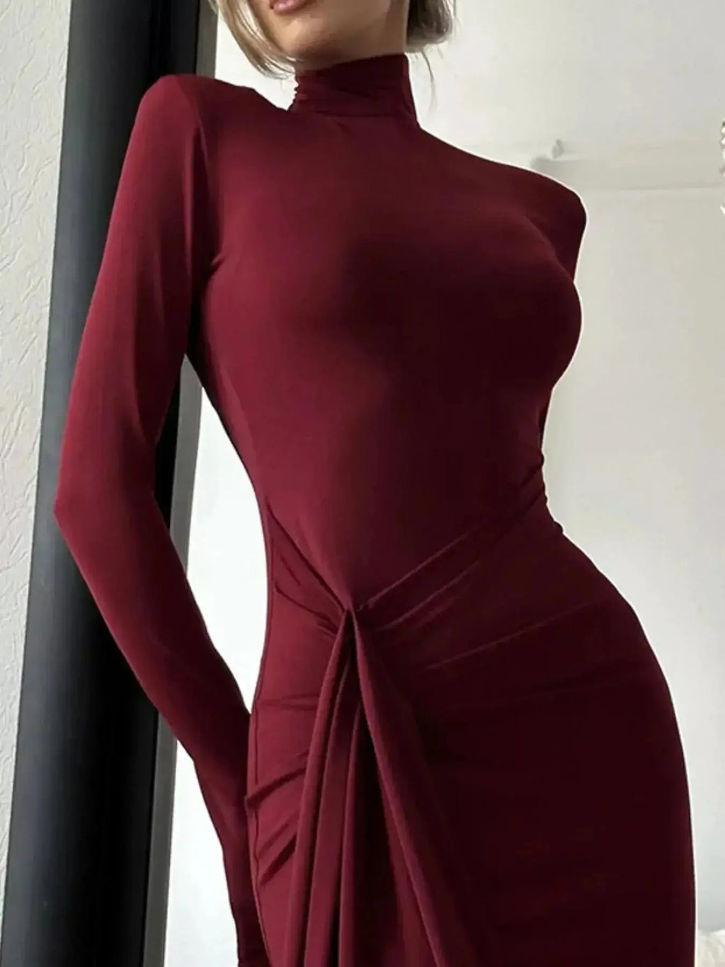 Turtleneck Long Sleeve Slit Maxi Dress - DaisyDrop 
