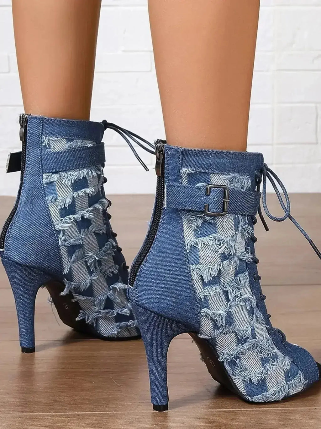 Distressed Denim Lace-Up Peep Toe Ankle Boots - DaisyDrop 