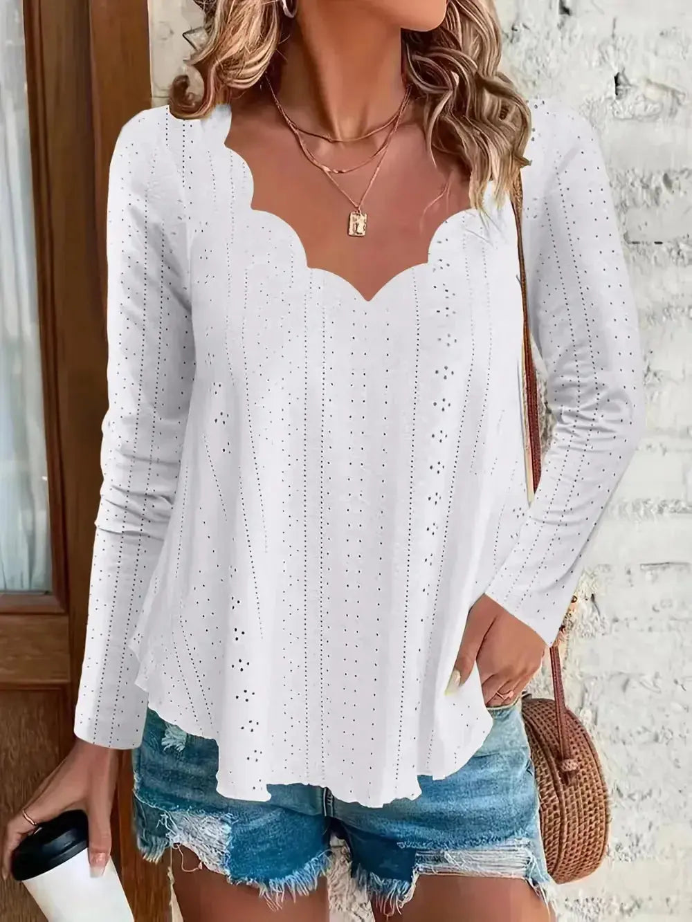 Eyelet Long Sleeve Blouse - DaisyDrop 