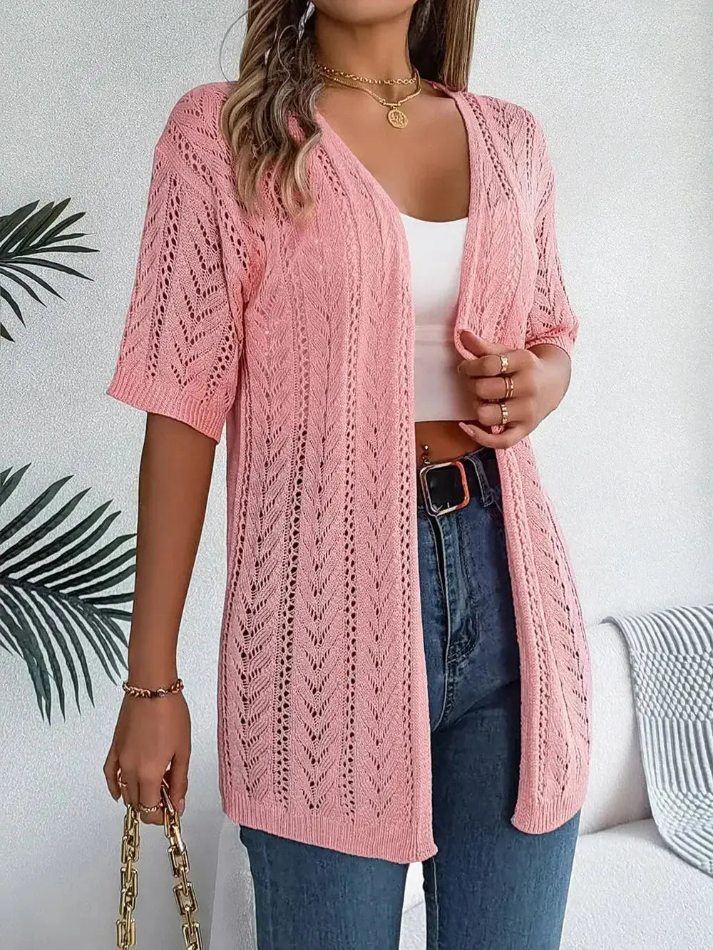 Openwork Open Front Half Sleeve Cardigan - DaisyDrop 