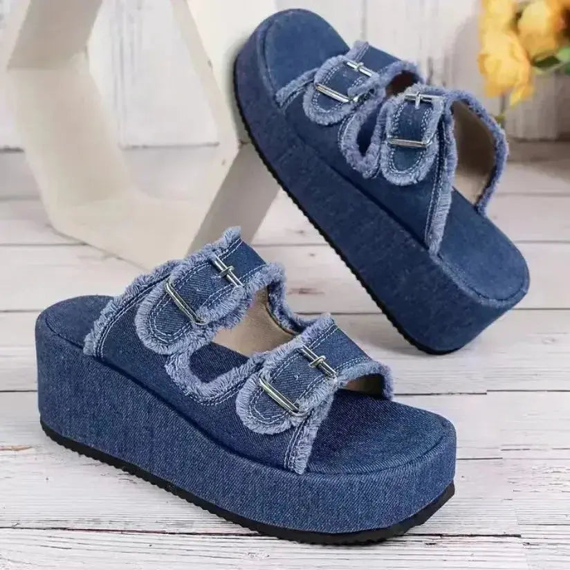 Raw Hem Wedge Buckle Sandals - DaisyDrop 