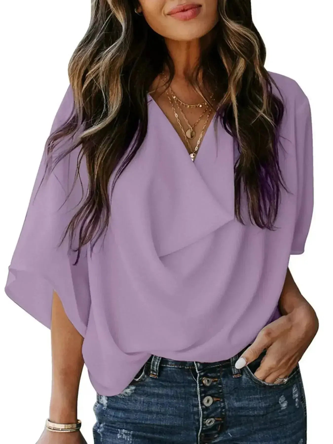 Full Size Half Sleeve Flowy Blouse Plus Size - DaisyDrop 