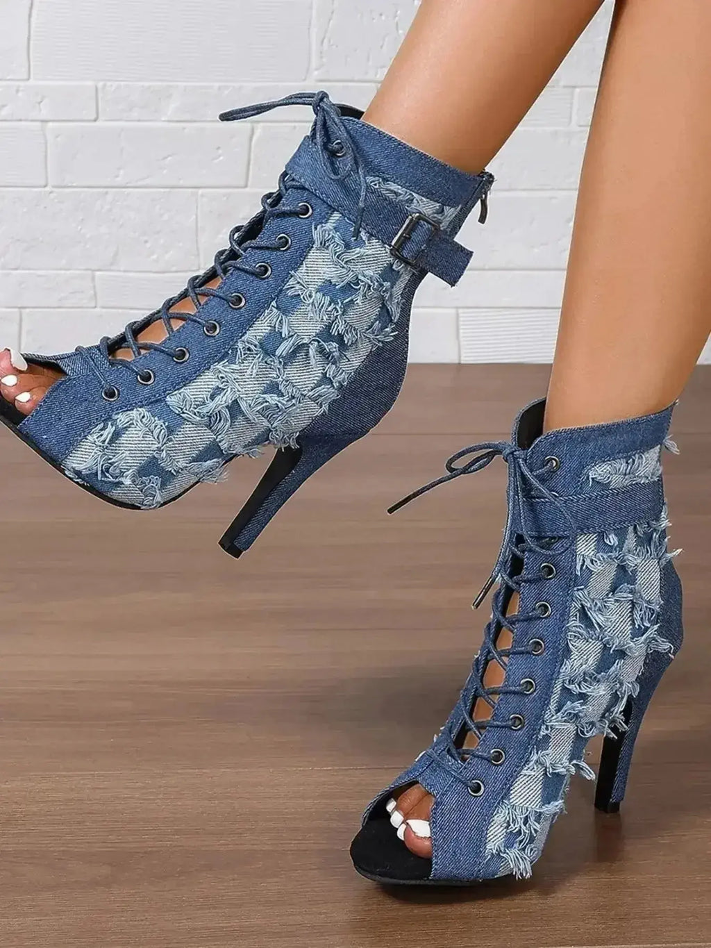 Distressed Denim Lace-Up Peep Toe Ankle Boots - DaisyDrop 