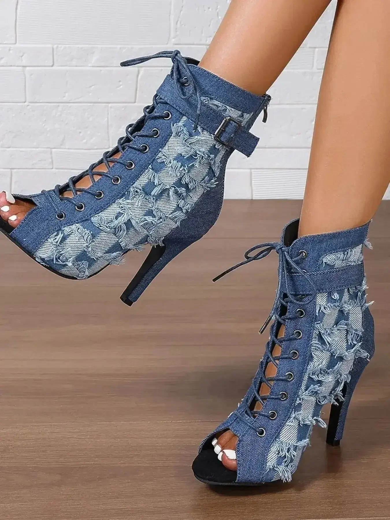 Distressed Denim Lace-Up Peep Toe Ankle Boots - DaisyDrop 