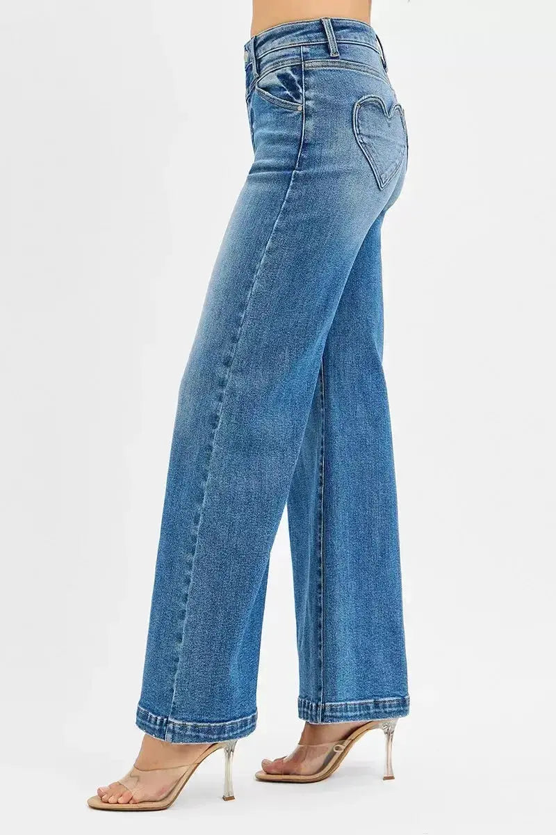 RISEN High Rise Wide Leg Jenas with Front Yoke and Heart Back Pocket - DaisyDrop 