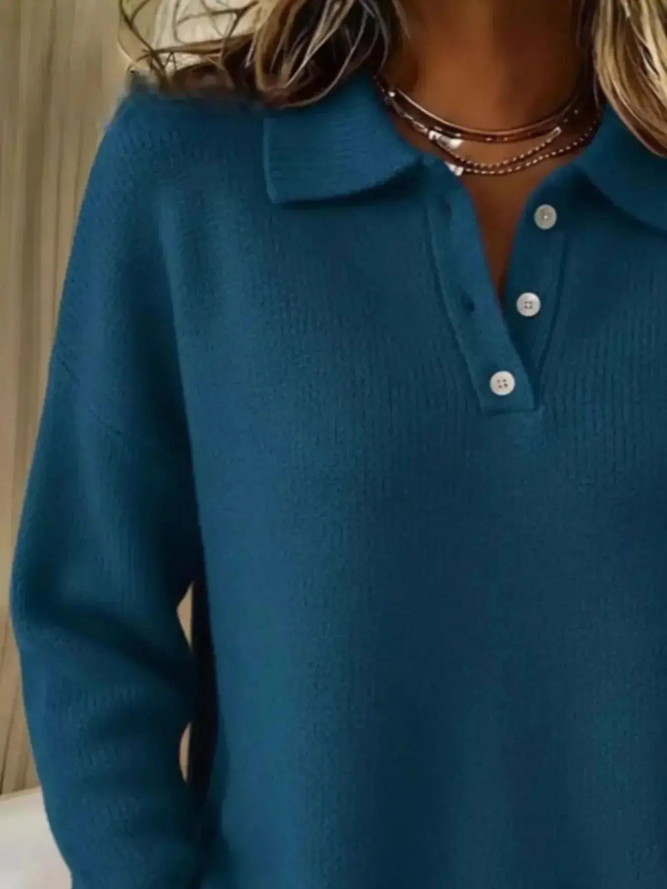 Full Size Half Button Collar Drop Shoulder Sweater Plus Size - DaisyDrop 