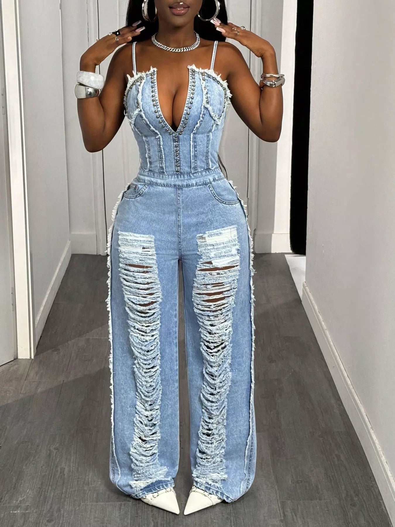 Distressed Spaghetti Strap Wide-Leg Denim Jumpsuit – Front Facing Full Length with Distressed Leg Panels