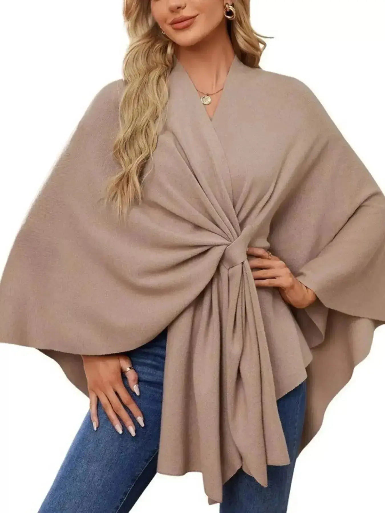 Solid Color Tie-Front Knit Cape Top - DaisyDrop 