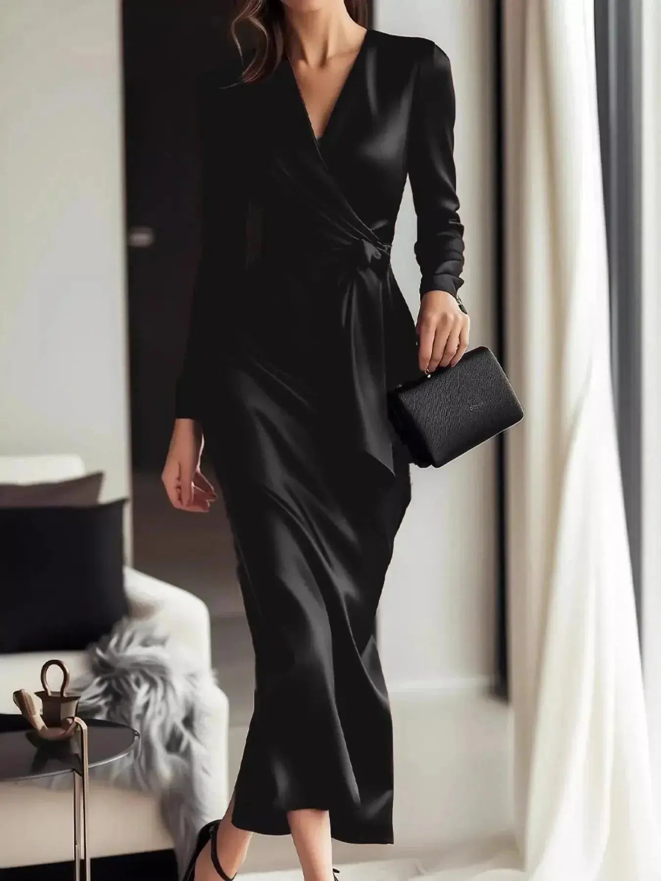 Satin Wrap Long Sleeve Midi Dress - DaisyDrop 