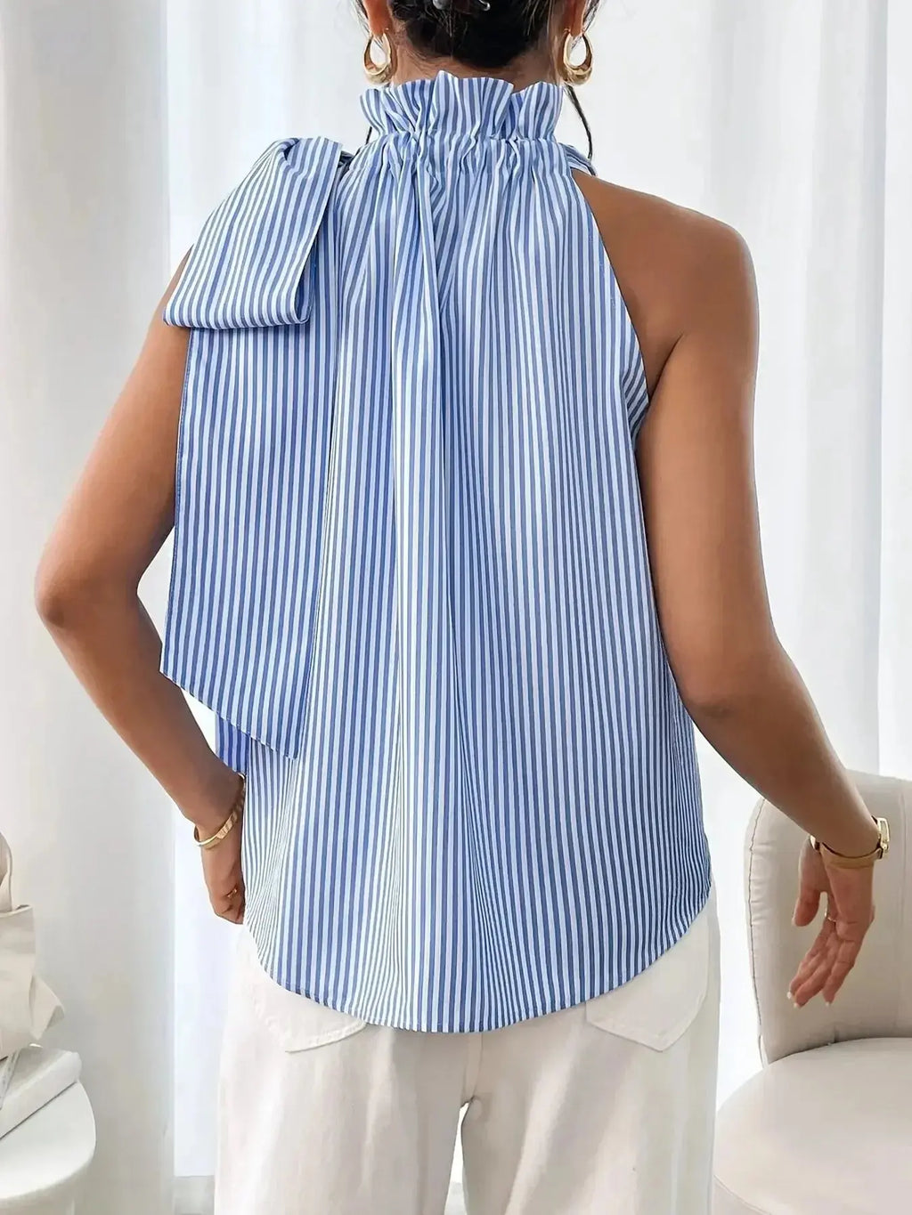 Striped Sleeveless Blouse with Bow Tie Detail - DaisyDrop 