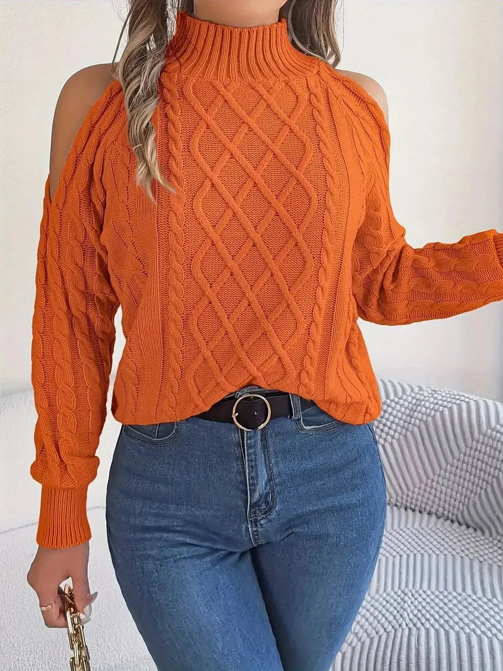 Cable Knit Cold Shoulder Turtleneck Sweater - DaisyDrop 