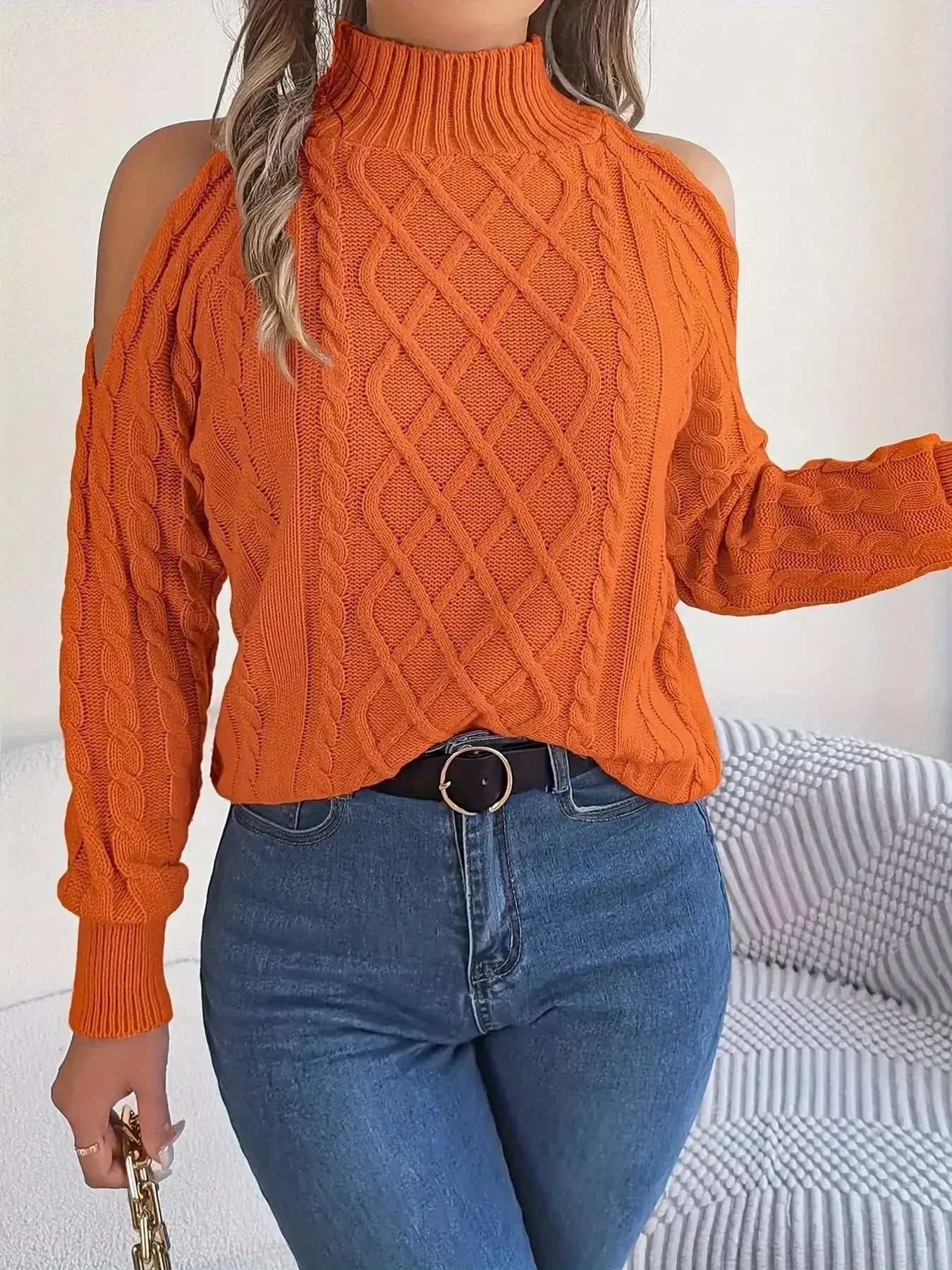 Cable Knit Cold Shoulder Turtleneck Sweater - DaisyDrop 