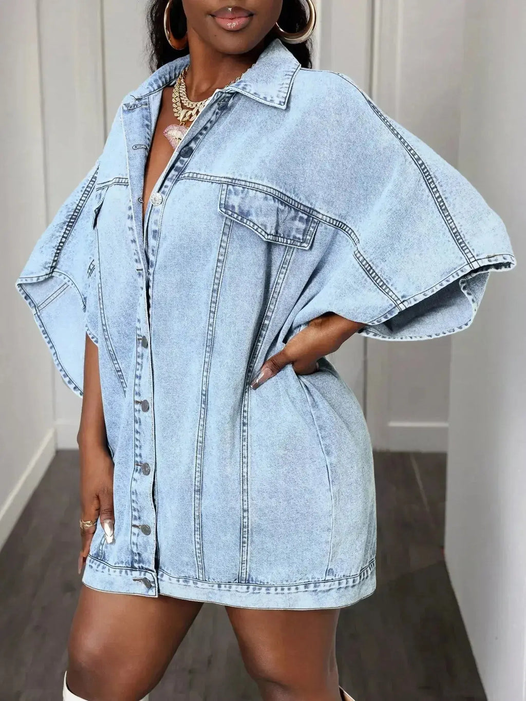 Oversized Batwing Sleeve Denim Top - DaisyDrop 