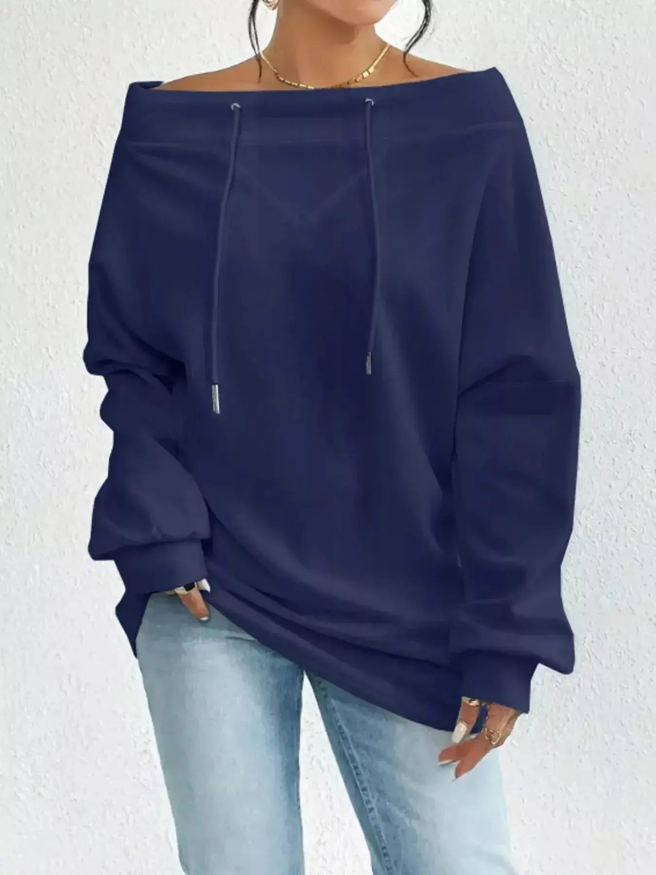 Full Size Off-Shoulder Drawstring Long Sleeve Top Plus Size - DaisyDrop 