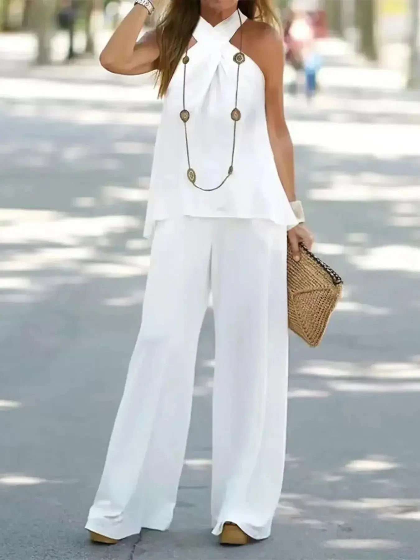 Halter Top and Wide Leg Pants Matching Set - DaisyDrop 