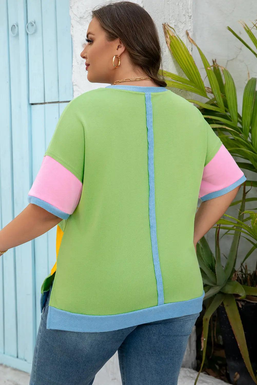 Juliet Plus Size Exposed Seam Patchwork Top Threaded Pear