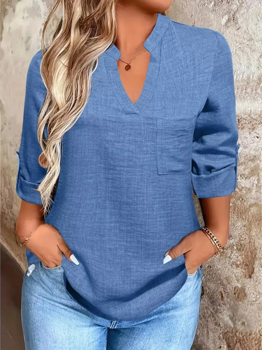 Casual Notched Roll-Up Sleeve Blouse - DaisyDrop 
