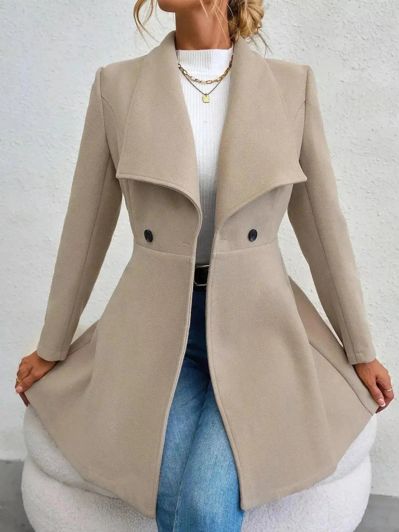 Collared Neck Double Breasted Coat - DaisyDrop 