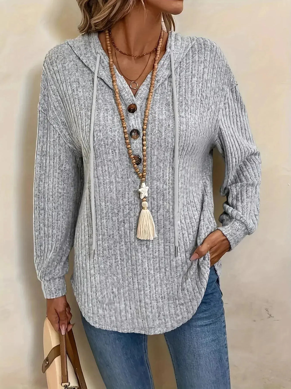 Casual Ribbed Button Detail Hoodie - DaisyDrop 