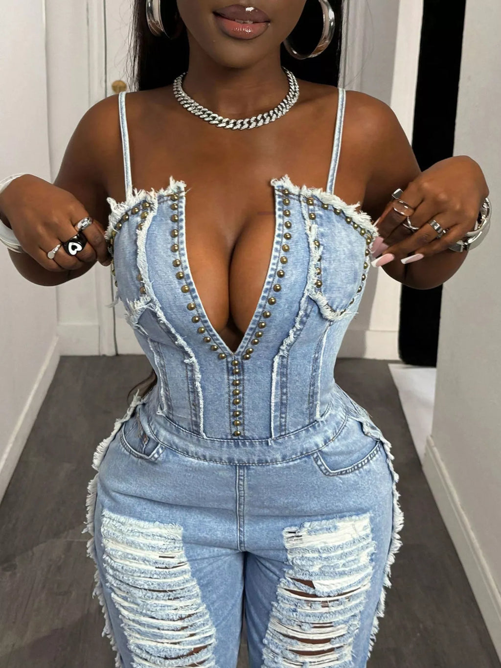 Distressed Spaghetti Strap Wide-Leg Denim Jumpsuit – Upper Body Corset Bodice and Spaghetti Strap Detail