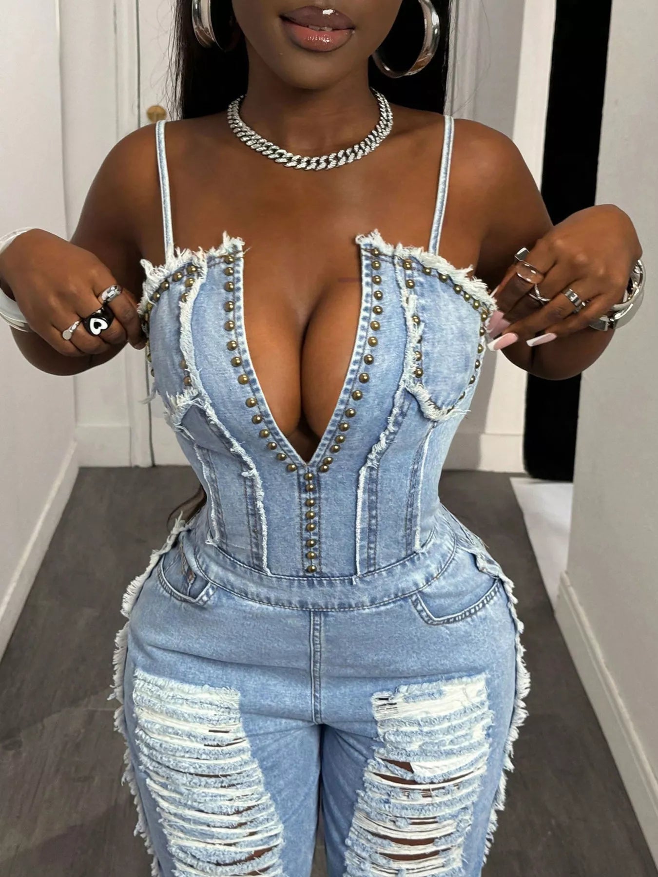 Distressed Spaghetti Strap Wide-Leg Denim Jumpsuit – Upper Body Corset Bodice and Spaghetti Strap Detail