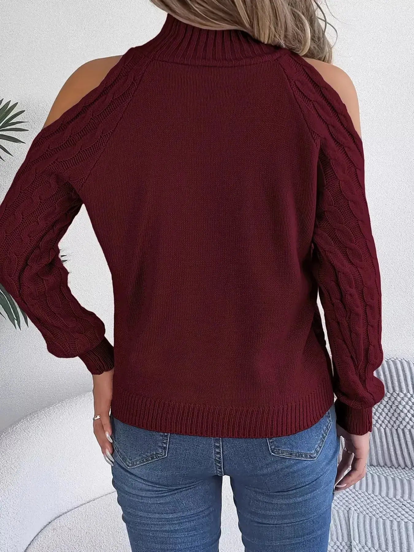Cable Knit Cold Shoulder Turtleneck Sweater - DaisyDrop 