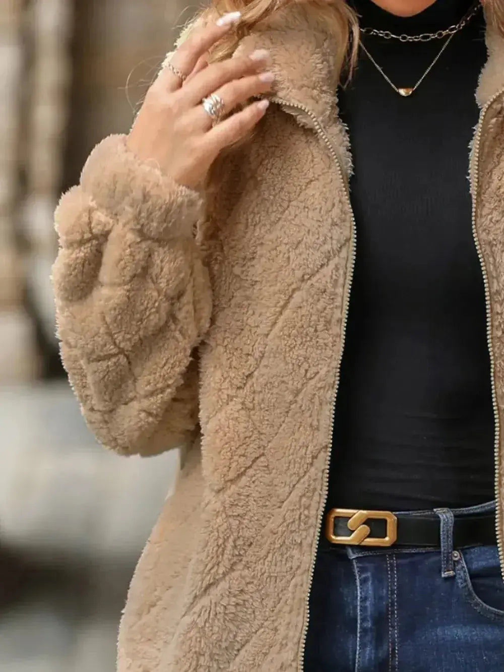 Fuzzy Pocketed Zip Up Jacket - DaisyDrop 