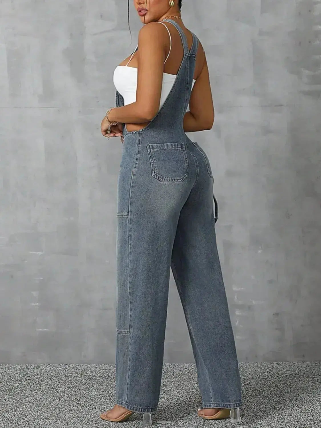 Zip Front Wide Strap Denim Overalls - DaisyDrop 