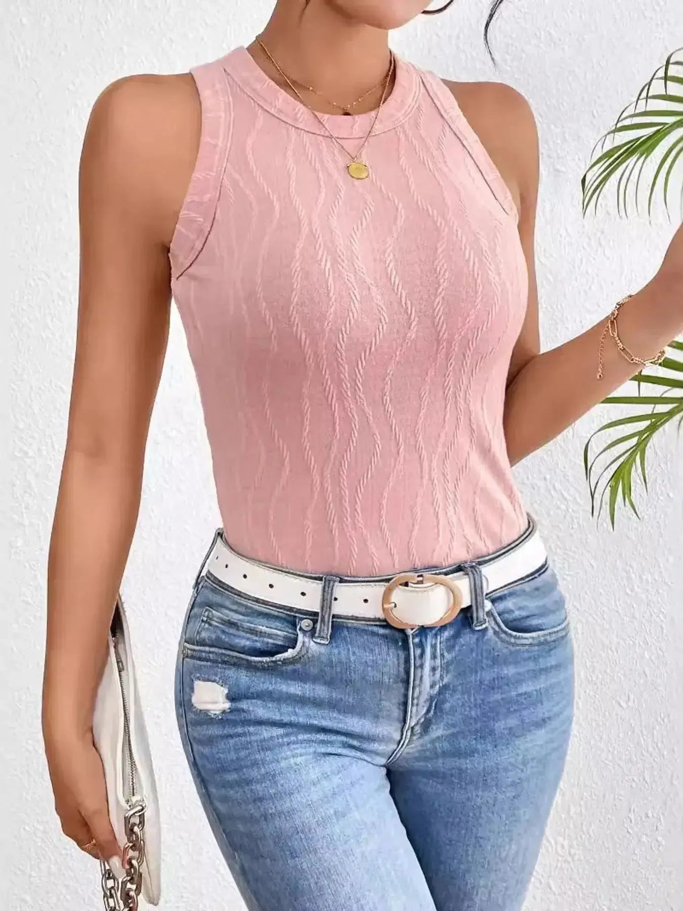 Textured Round Neck Tank Top - DaisyDrop 